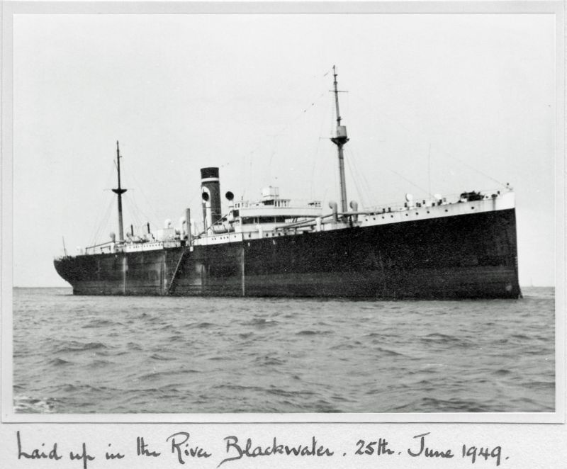 Blue Star Line GAELIC STAR Official No. 140302 in the River Blackwater. 

Tony Atkinson gives her history from arrival in River Blackwater:



29.12.1948: Laid up in the Blackwater River, Essex.

5.8.1949: British Registry closed and ownership transferred to Compagnia Genovese Di Navigazione a Vapore S.p.A., Genoa, Italy and subsequently renamed CAPO NOLI.
(Note: The purchase prices was believed to be about £30,000).

13.8.1949: Left Blackwater.

12.12.1950: Sold ... Date: 25 June 1949.